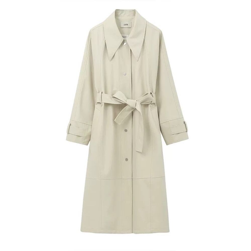 CAIRA Cream Oversized Pointed Collar Belted Trench Coat S